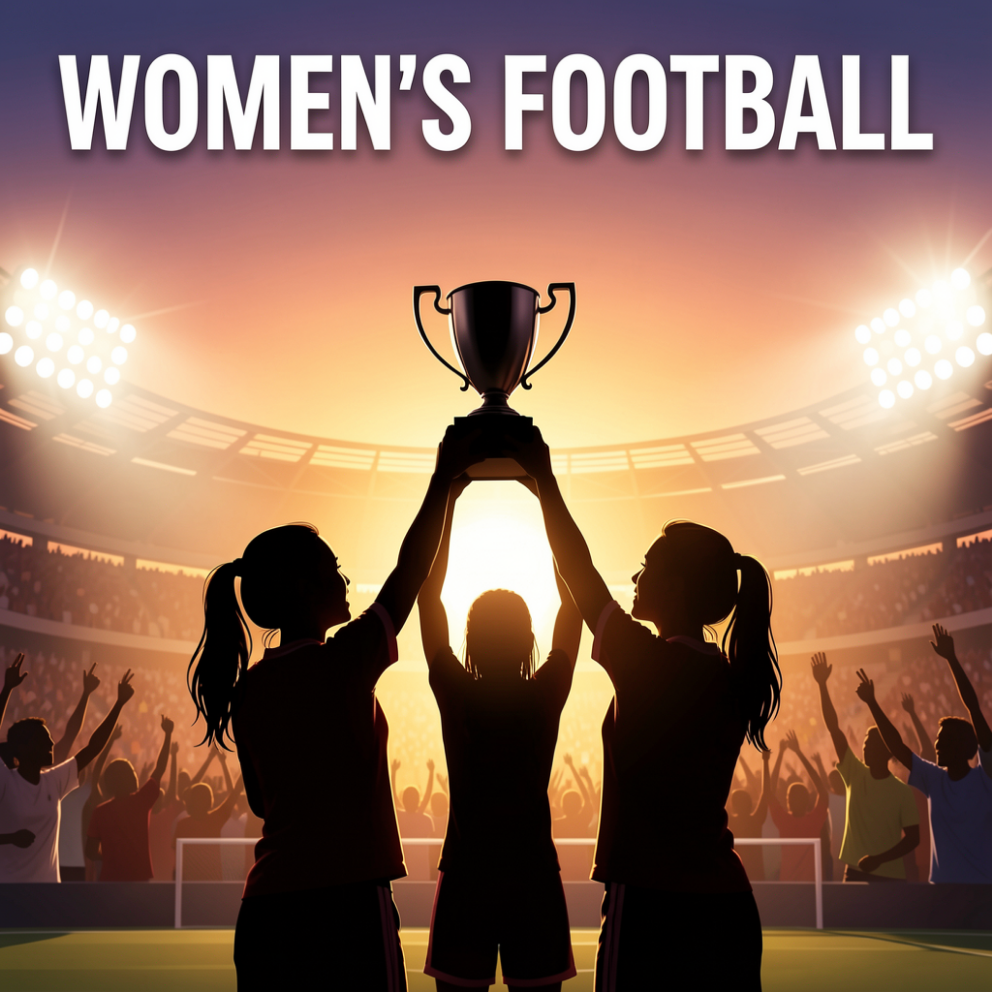 Silhouette of female football team lifting trophy after winning tournament