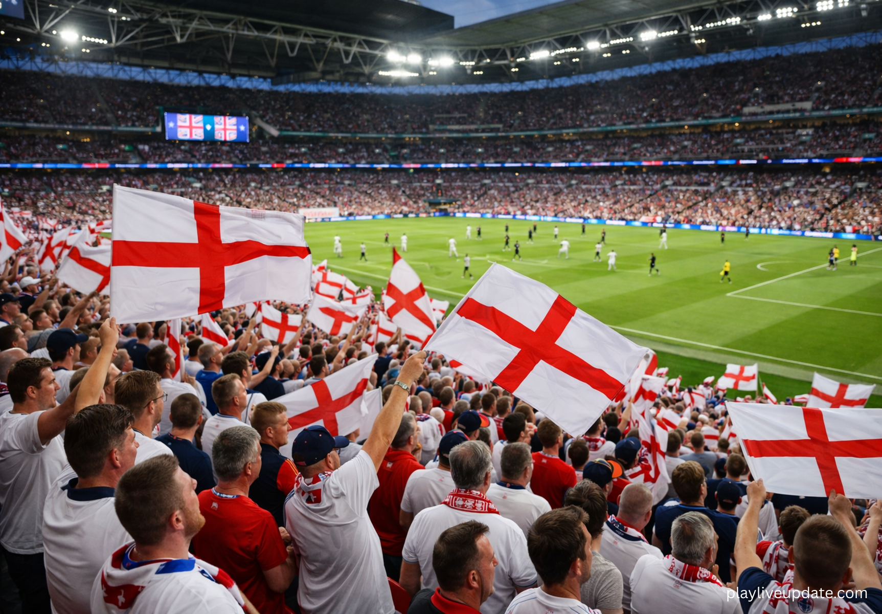 England fans waving St George’s Cross flag at football match