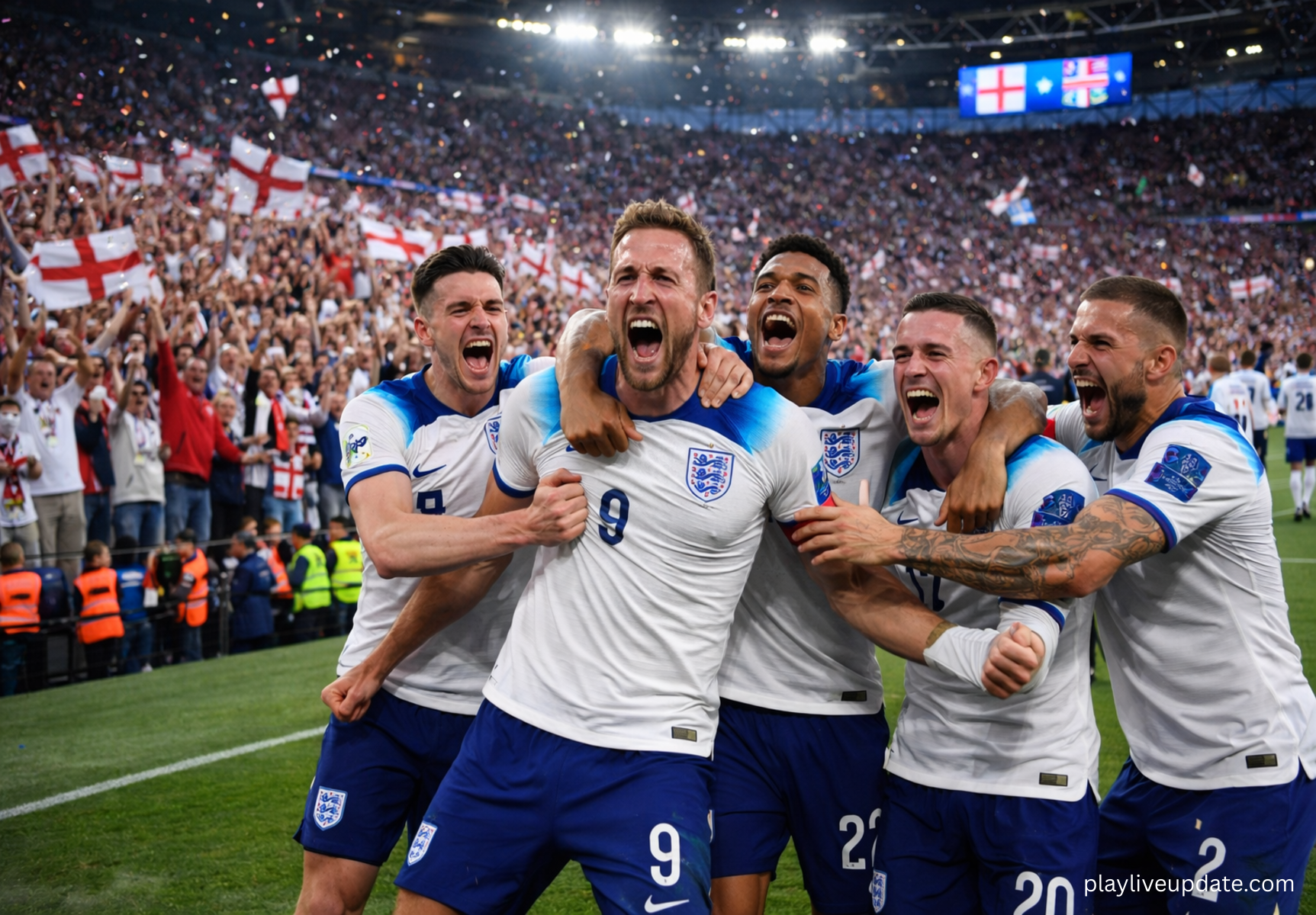 England players celebrating after scoring a goal