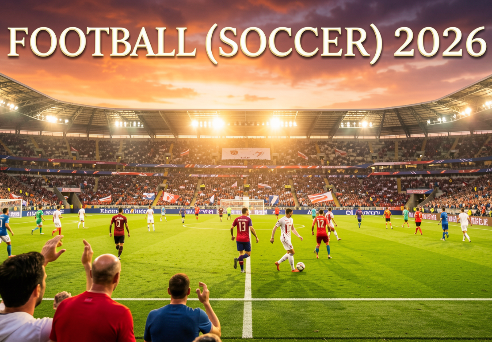 Football players walking onto a stadium pitch during sunset before an international match.