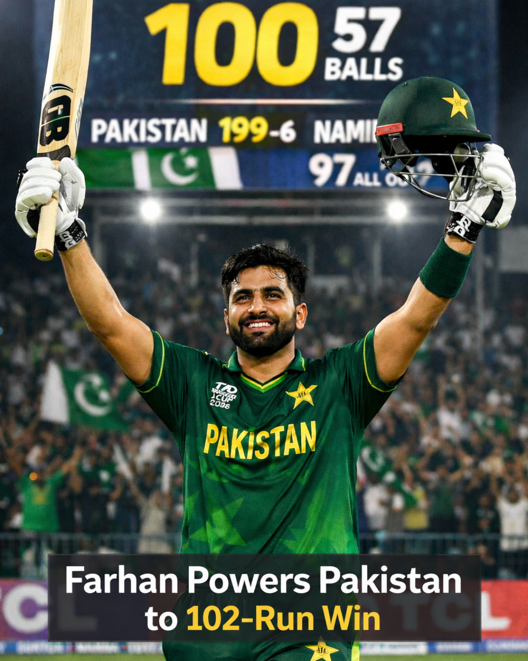 Sahibzada Farhan celebrating match-winning century Pakistan vs Namibia T20 World Cup 2026 Colombo