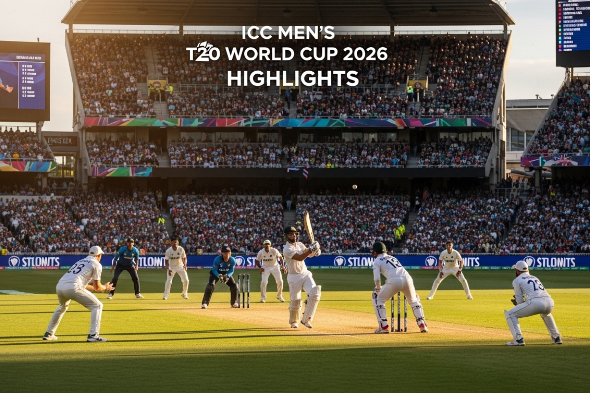 “ICC Men’s T20 World Cup 2026 featured image showing players in action with stadium crowd.”