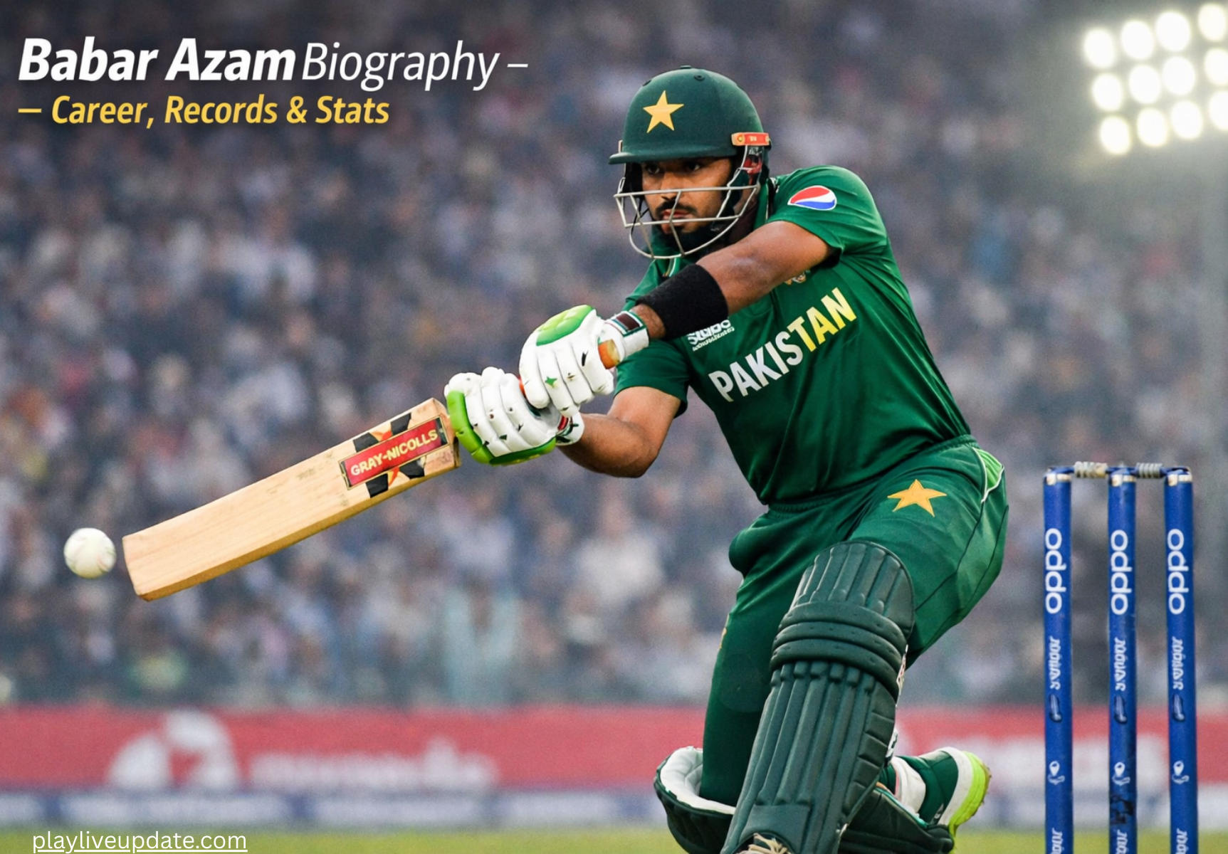 Babar Azam playing a classic cover drive in Pakistan national team uniform, showcasing elegant stroke play.