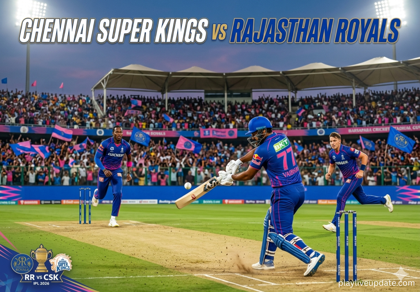 Vaibhav Sooryavanshi batting as Jofra Archer and Nandre Burger bowl in RR vs CSK IPL 2026 at Barsapara Cricket Stadium