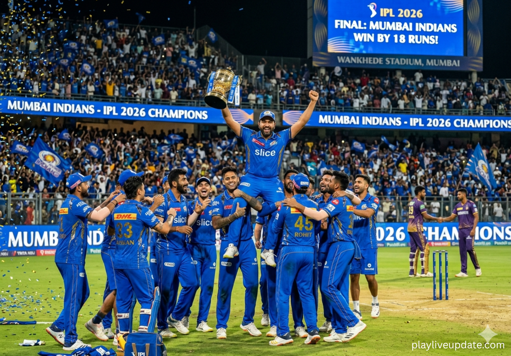 Mumbai Indians players celebrating victory against Kolkata Knight Riders in IPL 2026