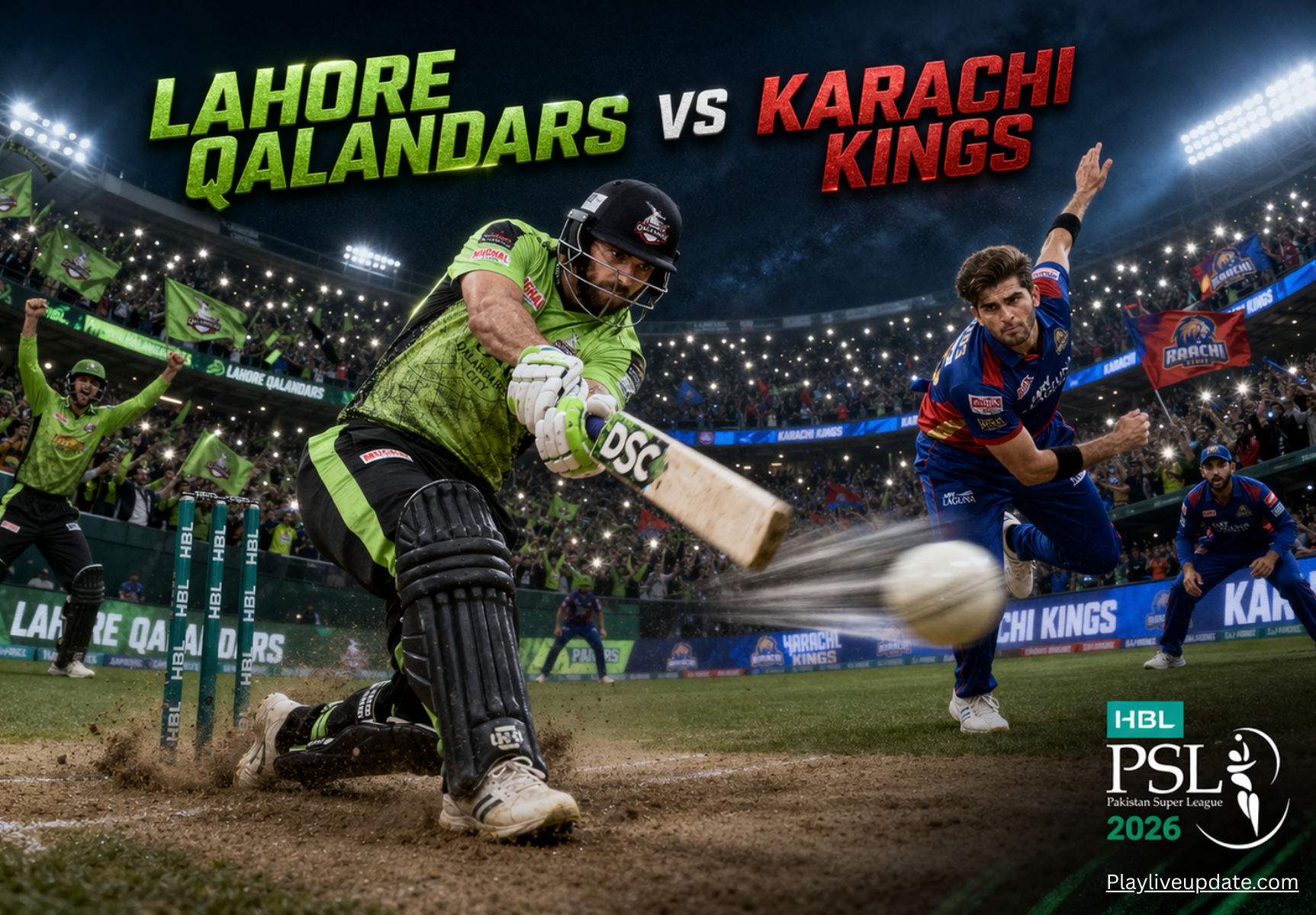 Fakhar Zaman batting and Shaheen Afridi bowling during the 2026 PSL match between Lahore Qalandars and Karachi Kings, with a stadium full of cheering fans in the background.
