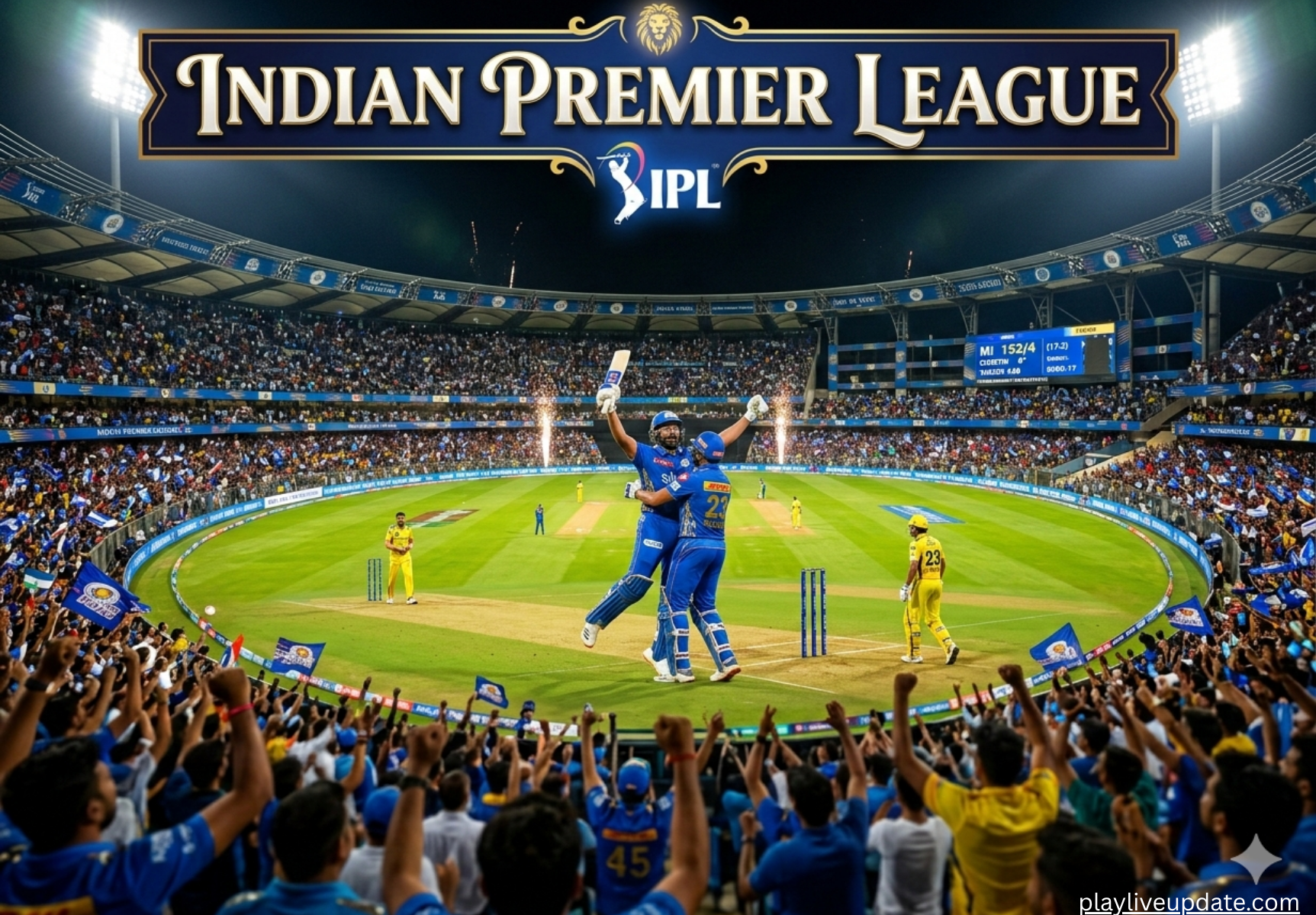 Indian Premier League match action with cheering crowd