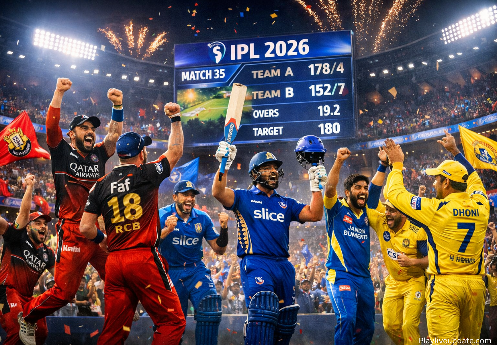 IPL 2026 schedule match action with RCB, MI and CSK players in stadium