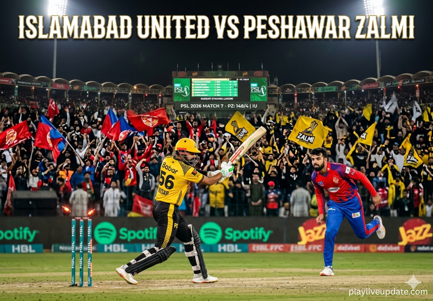 Babar Azam batting against Shadab Khan in IU vs PZ PSL 2026 match at Gaddafi Stadium, Lahore
