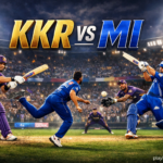 Mumbai Indians and Kolkata Knight Riders players in action during IPL 2026 night match at Wankhede Stadium