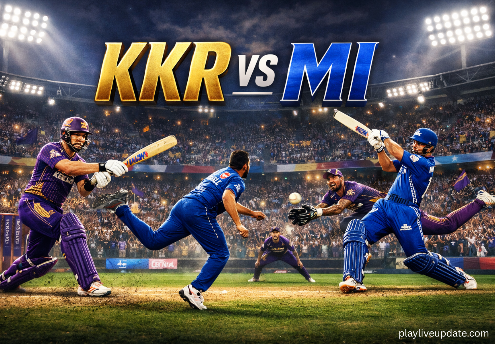 Mumbai Indians and Kolkata Knight Riders players in action during IPL 2026 night match at Wankhede Stadium