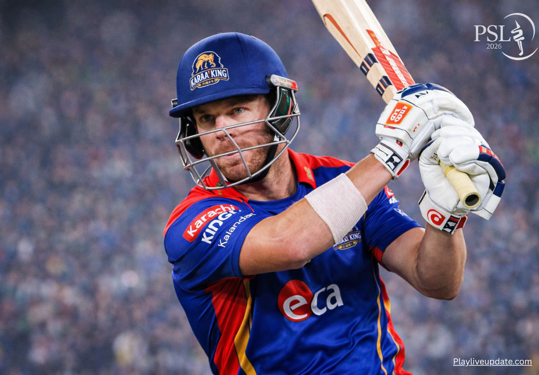 David Warner in action during the 2026 PSL match between Karachi Kings and Lahore Qalandars.