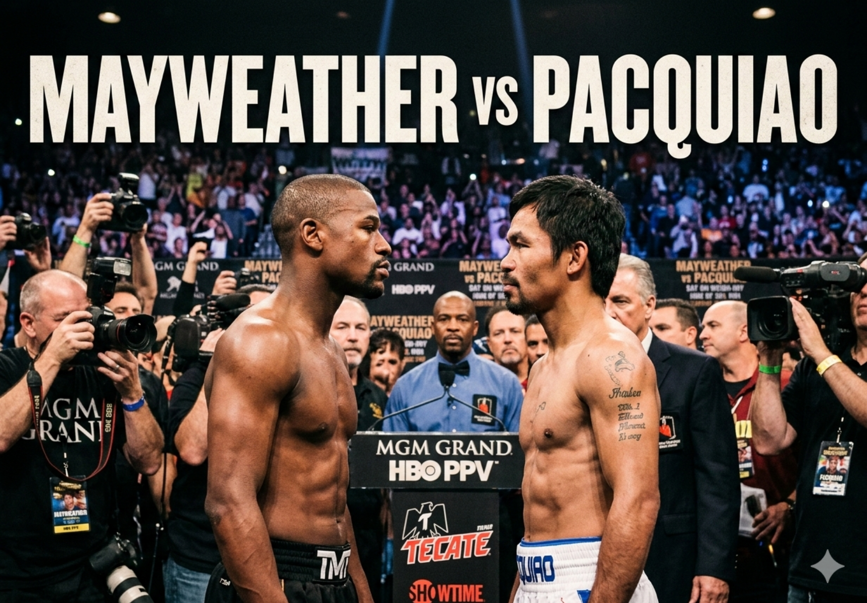 Floyd Mayweather and Manny Pacquiao intense stare at the weigh-in before their 2015 mayweather vs pacquiao fight, showcasing their legendary boxing rivalry.