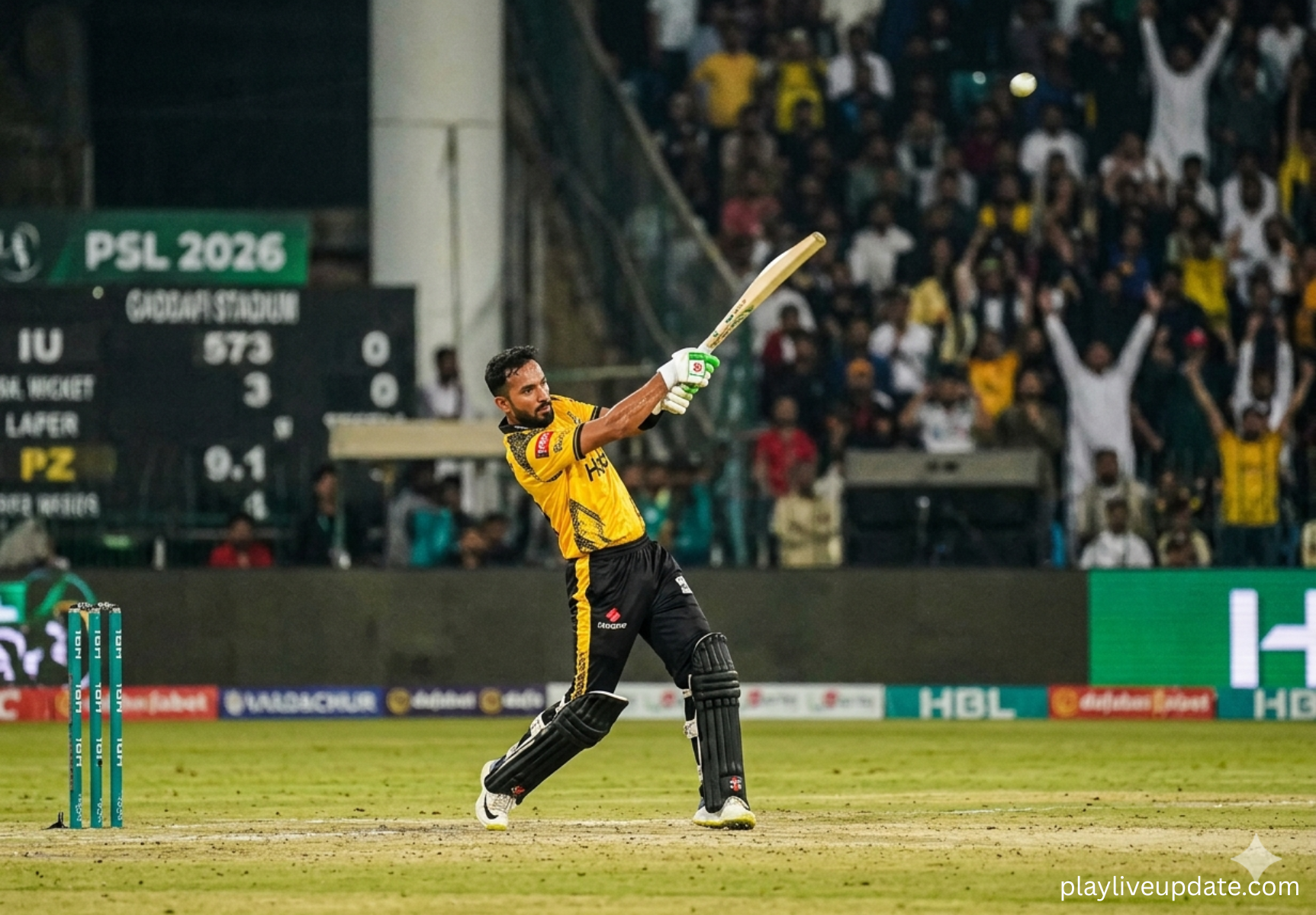 Mohammad Haris hitting a boundary during IU vs PZ PSL 2026 match at Gaddafi Stadium.
