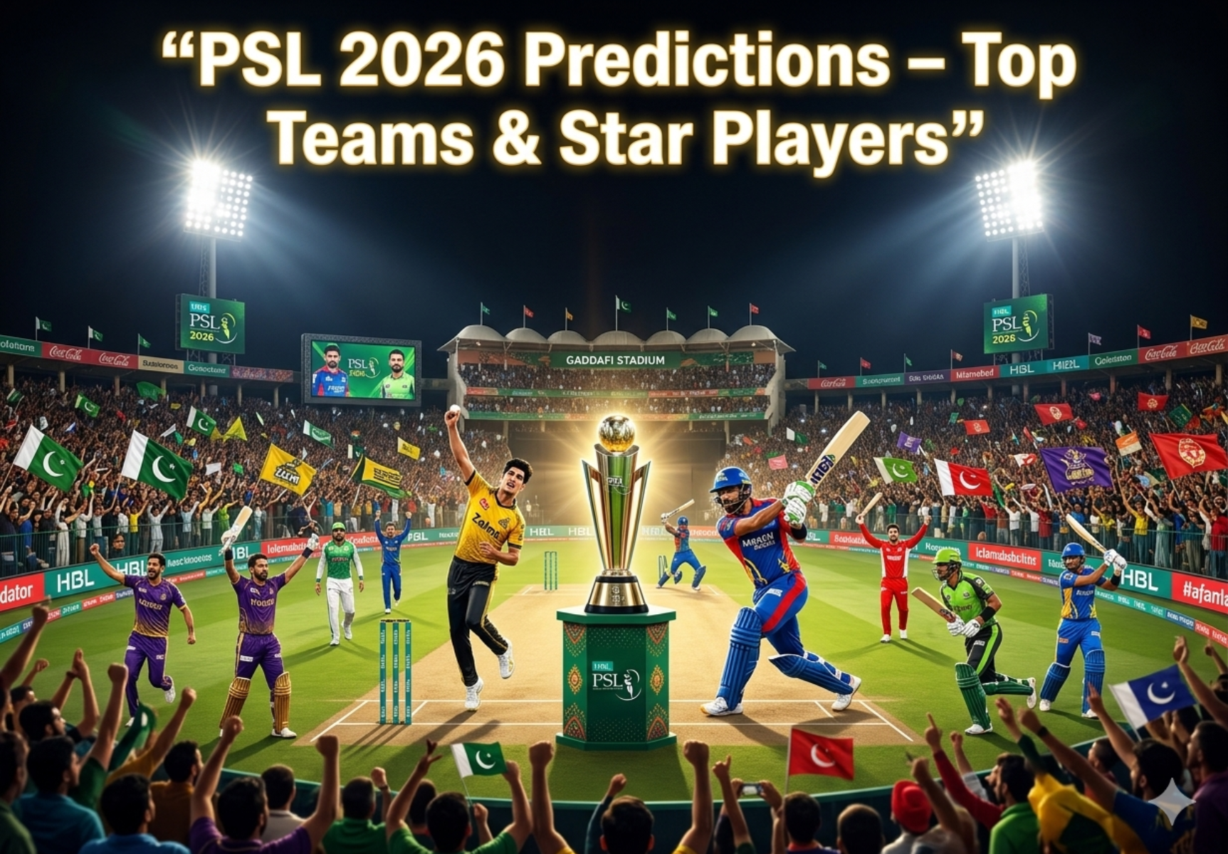 PSL 2026 Predictions featuring Pakistan Super League teams competing for the trophy at Gaddafi Stadium.