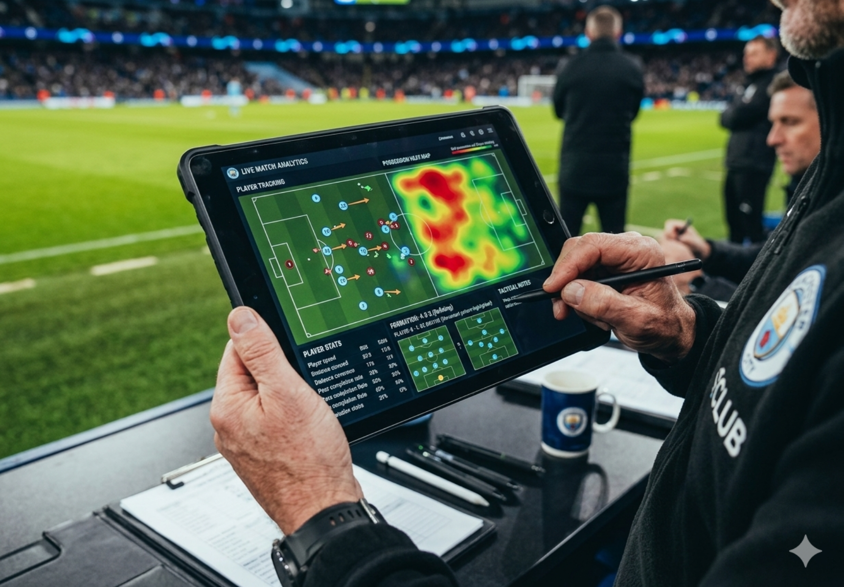 Football coach analyzing player heatmaps and formations with technology.