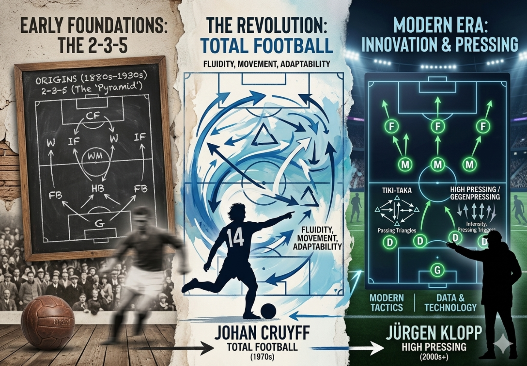 Evolution of football tactics from 2–3–5 formation to modern Tiki-taka, Total Football, and high pressing strategies.