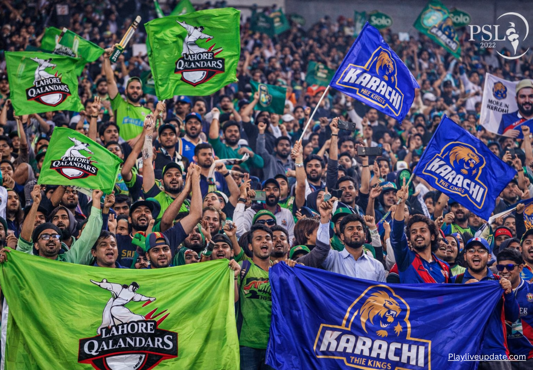 Fans cheering in the stadium during the 2026 PSL match between Lahore Qalandars and Karachi Kings.

