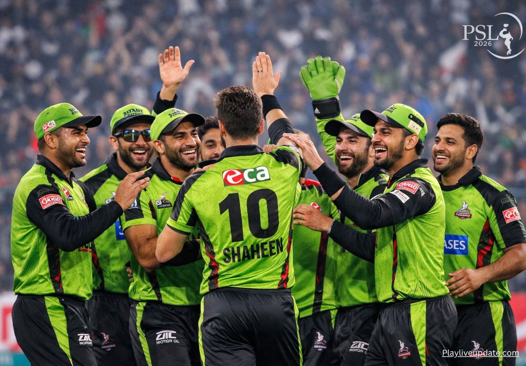 Lahore Qalandars players celebrating a wicket during the PSL 2026 match.