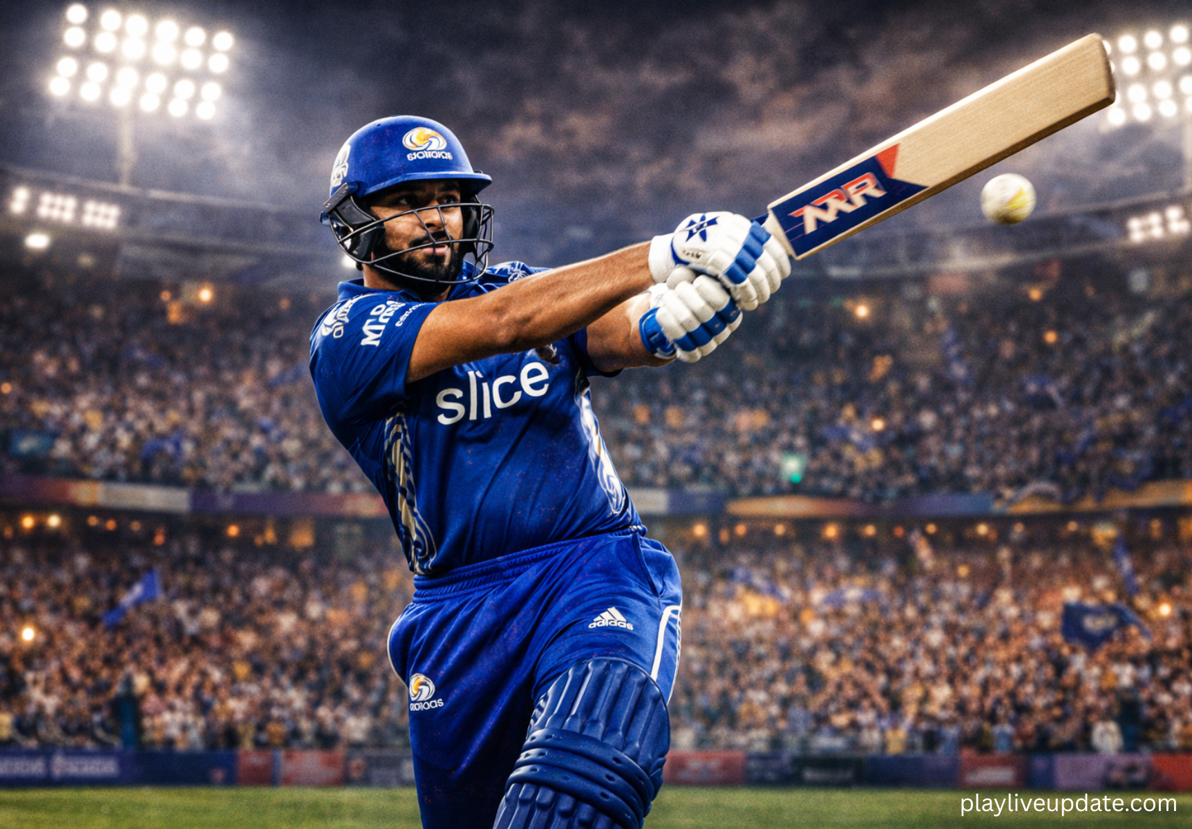 Rohit Sharma playing a powerful shot for Mumbai Indians during IPL 2026
