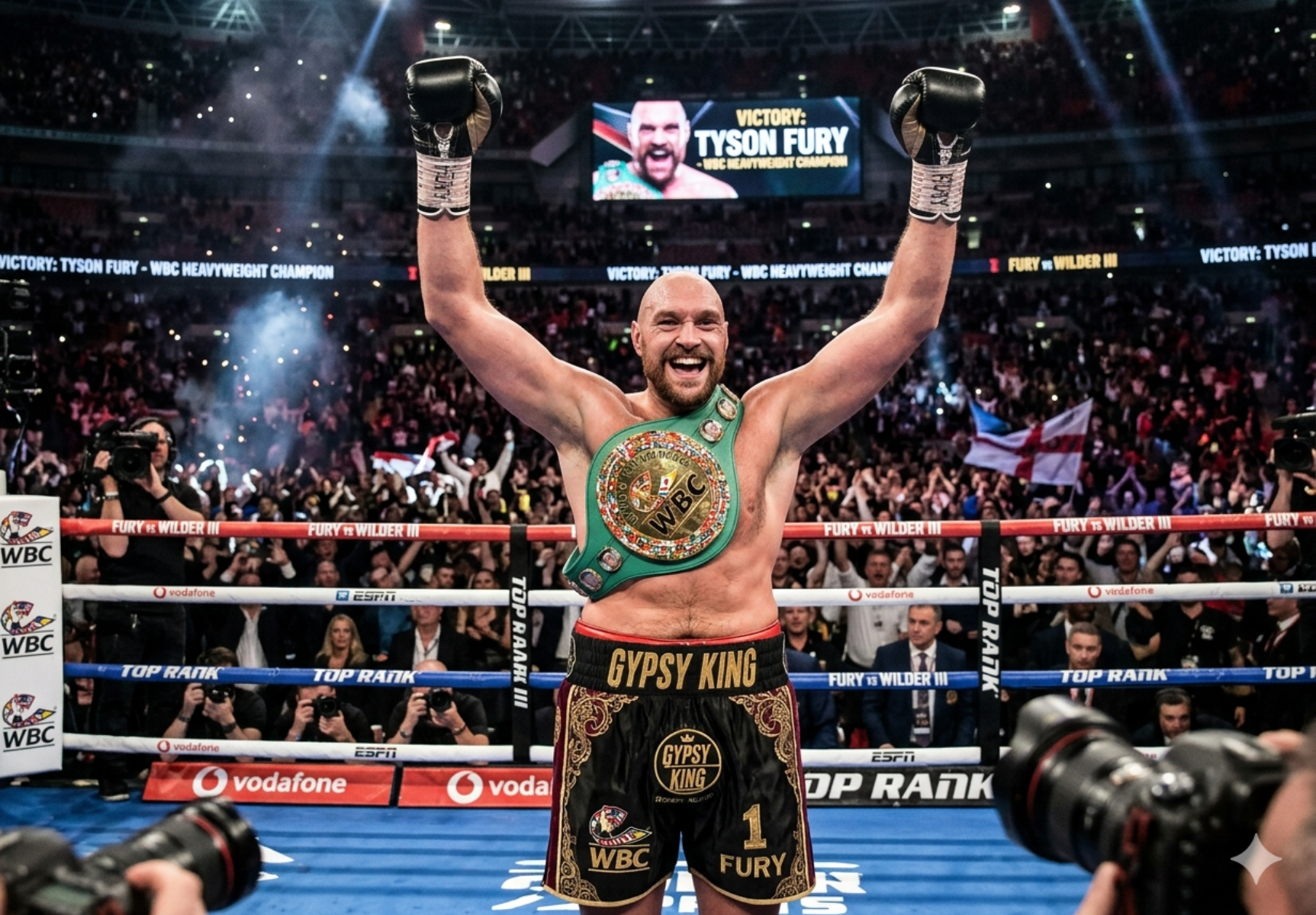 Tyson Fury with championship belt in boxing ring celebrating victory, Gypsy King in heavyweight division boxing.
