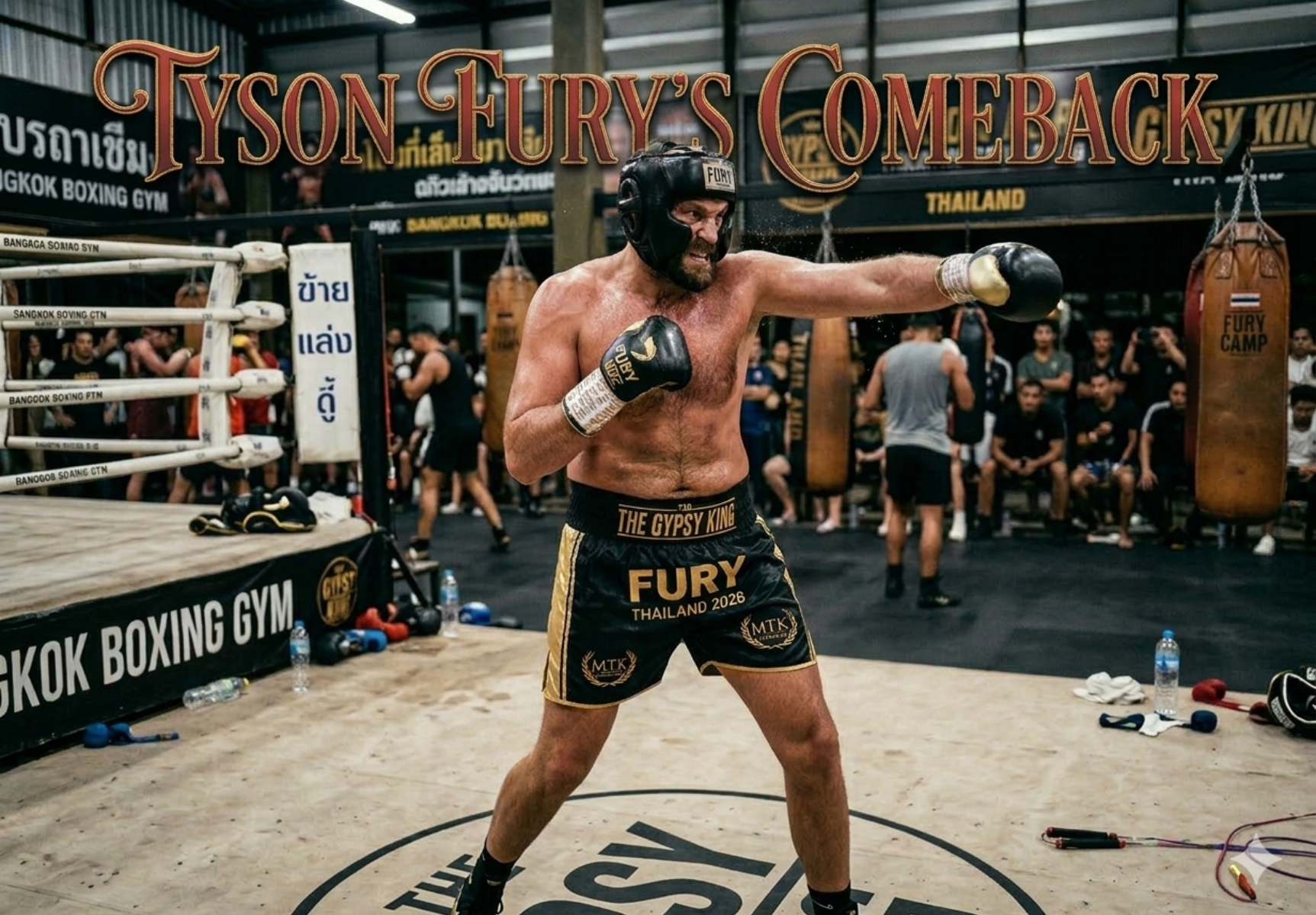 Tyson Fury training for his 2026 comeback fight in Thailand, focusing on punches and agility during gym session.