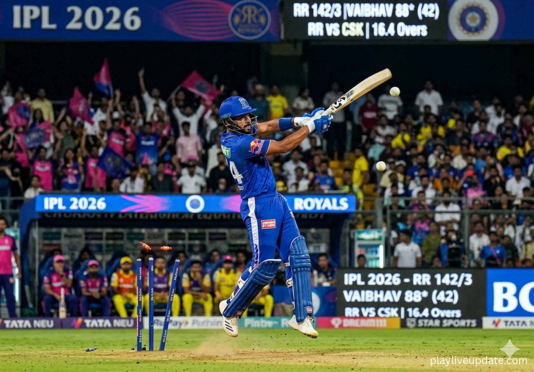 Vaibhav Sooryavanshi hitting a powerful shot during RR vs CSK IPL 2026
