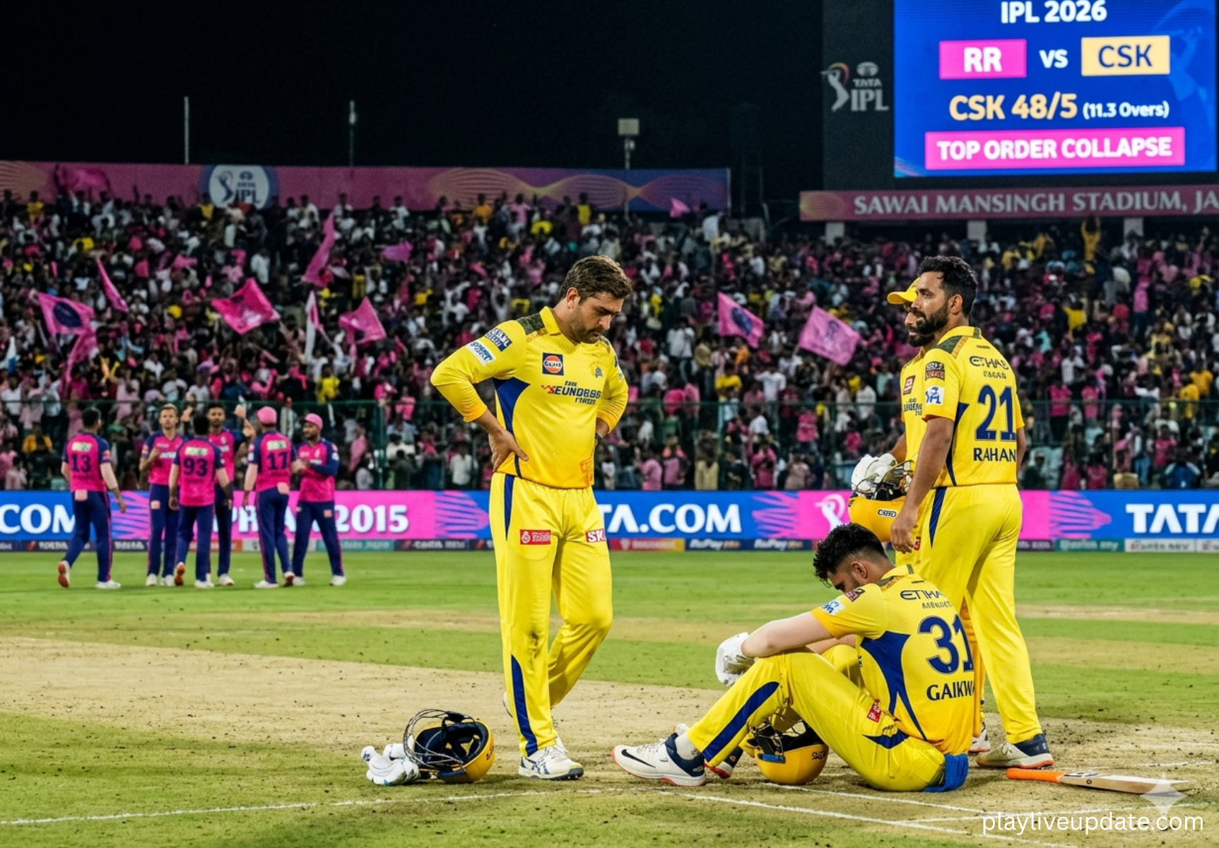 Chennai Super Kings players after top order collapse during IPL 2026 match against Rajasthan Royals