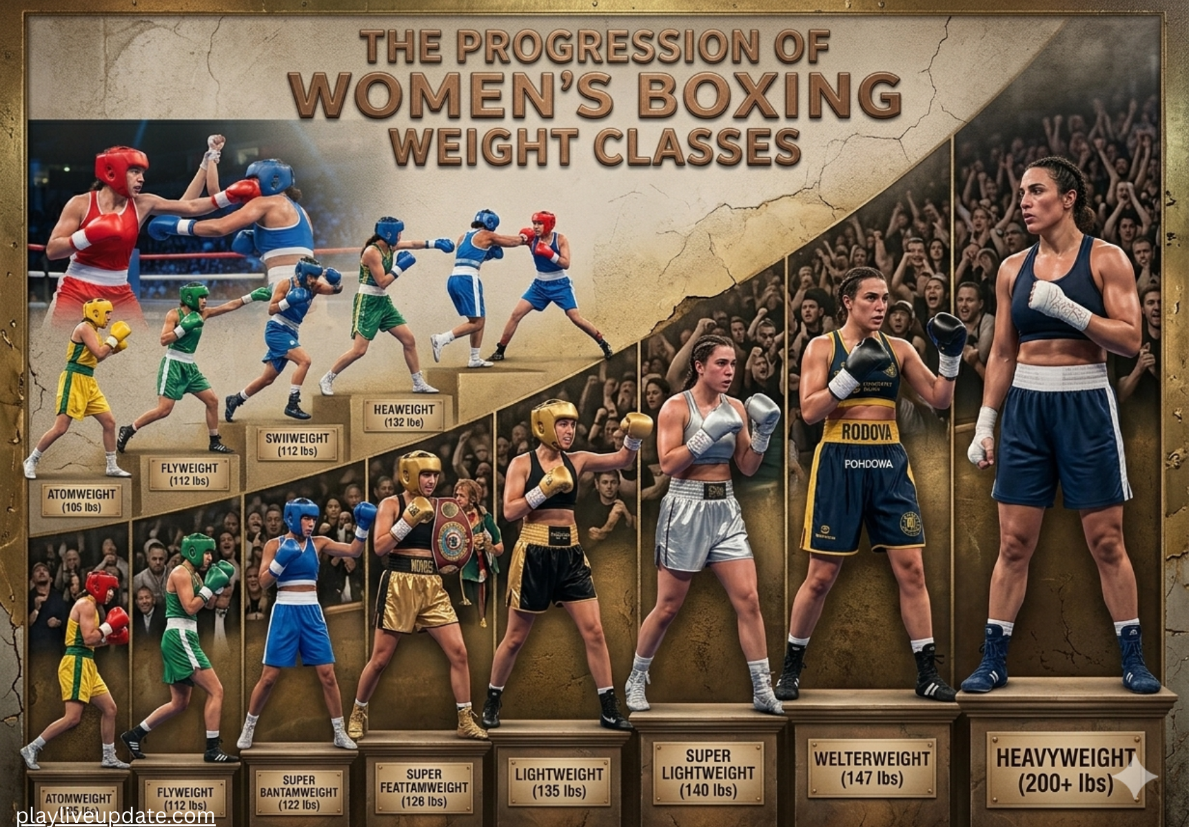 female boxing weight classes chart showing flyweight, featherweight, lightweight, welterweight