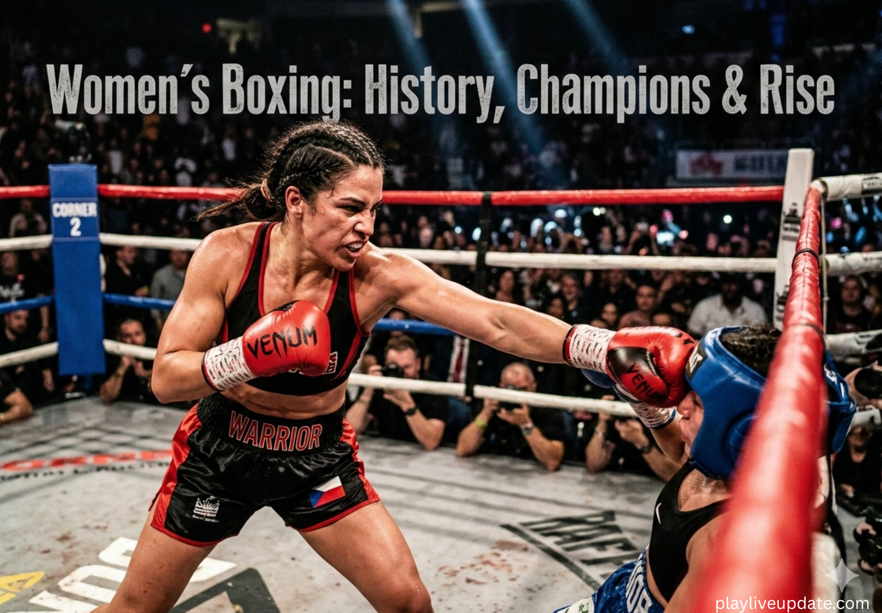 Female boxer delivering a punch during a professional women’s boxing match in the ring