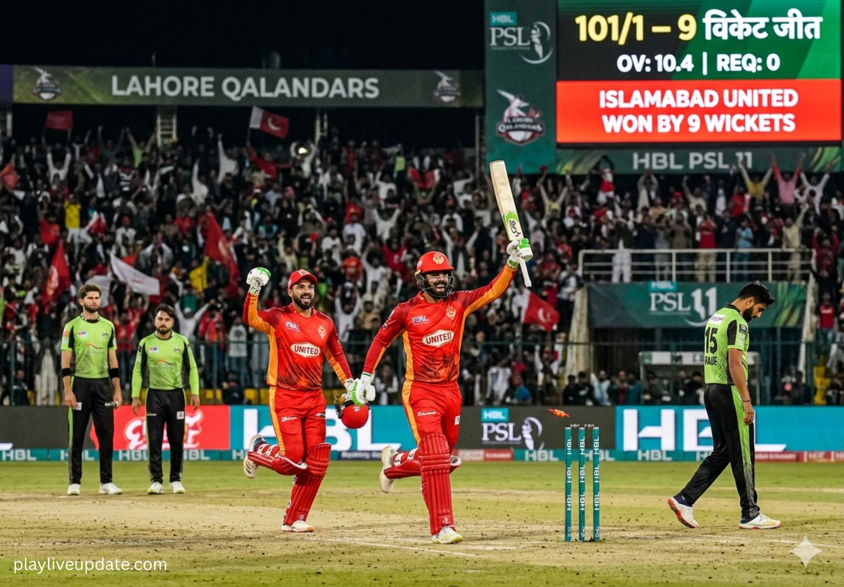 Islamabad United vs Lahore Qalandars PSL 11 match highlights with players celebrating dominant 9 wicket victory