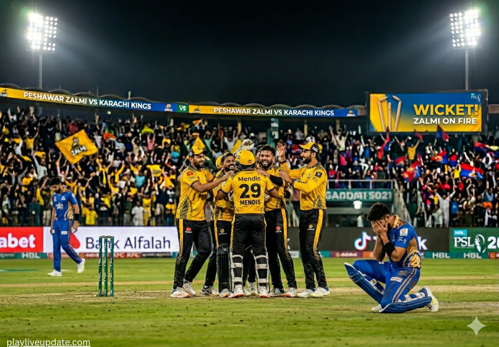 Peshawar Zalmi celebrating a key wicket in PSL 2026 against Karachi Kings