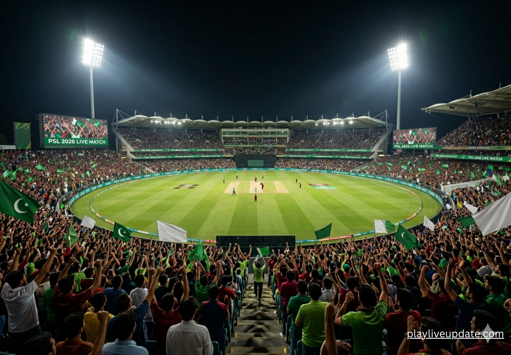 PSL 2026 live match atmosphere at Lahore stadium with crowd and night cricket action