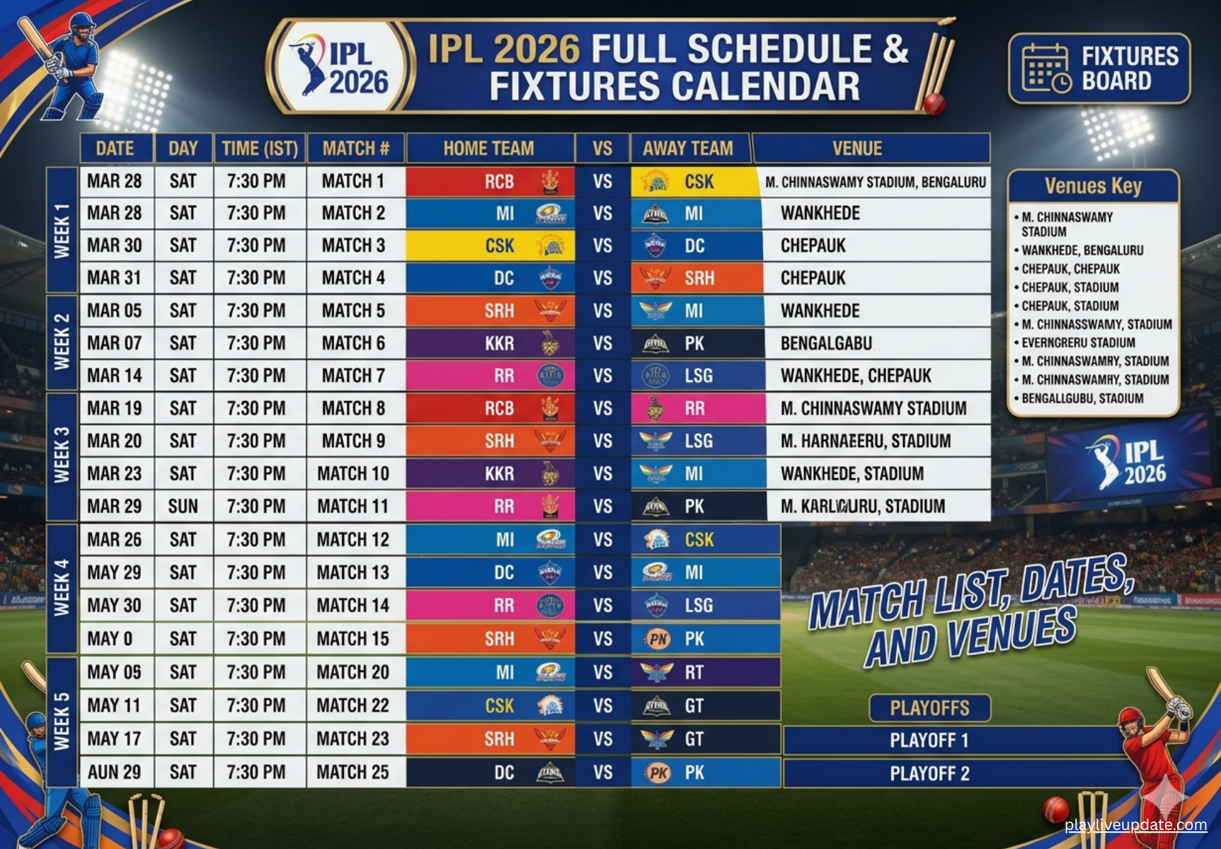 IPL 2026 full schedule fixtures calendar match list dates and venues