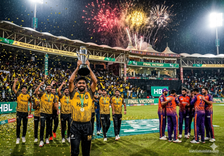 Peshawar Zalmi vs Hyderabad Kingsmen PSL 2026 Final highlights, Babar Azam lifting trophy, victory celebration under rain and fireworks