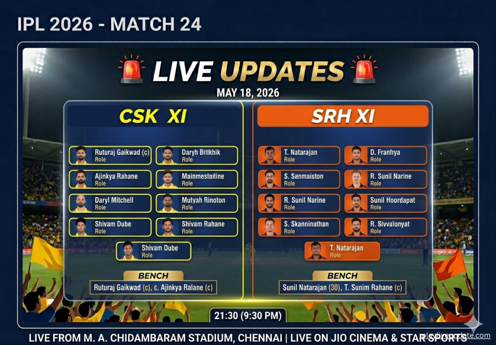 Chennai Super Kings vs Sunrisers Hyderabad playing XI 2026 lineup