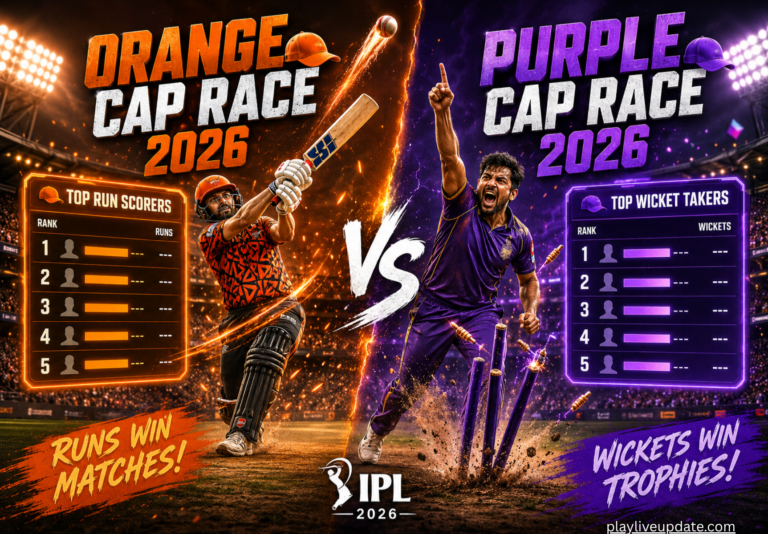 IPL 2026 Orange Cap and Purple Cap race showing top run scorers and wicket takers in live leaderboard battle