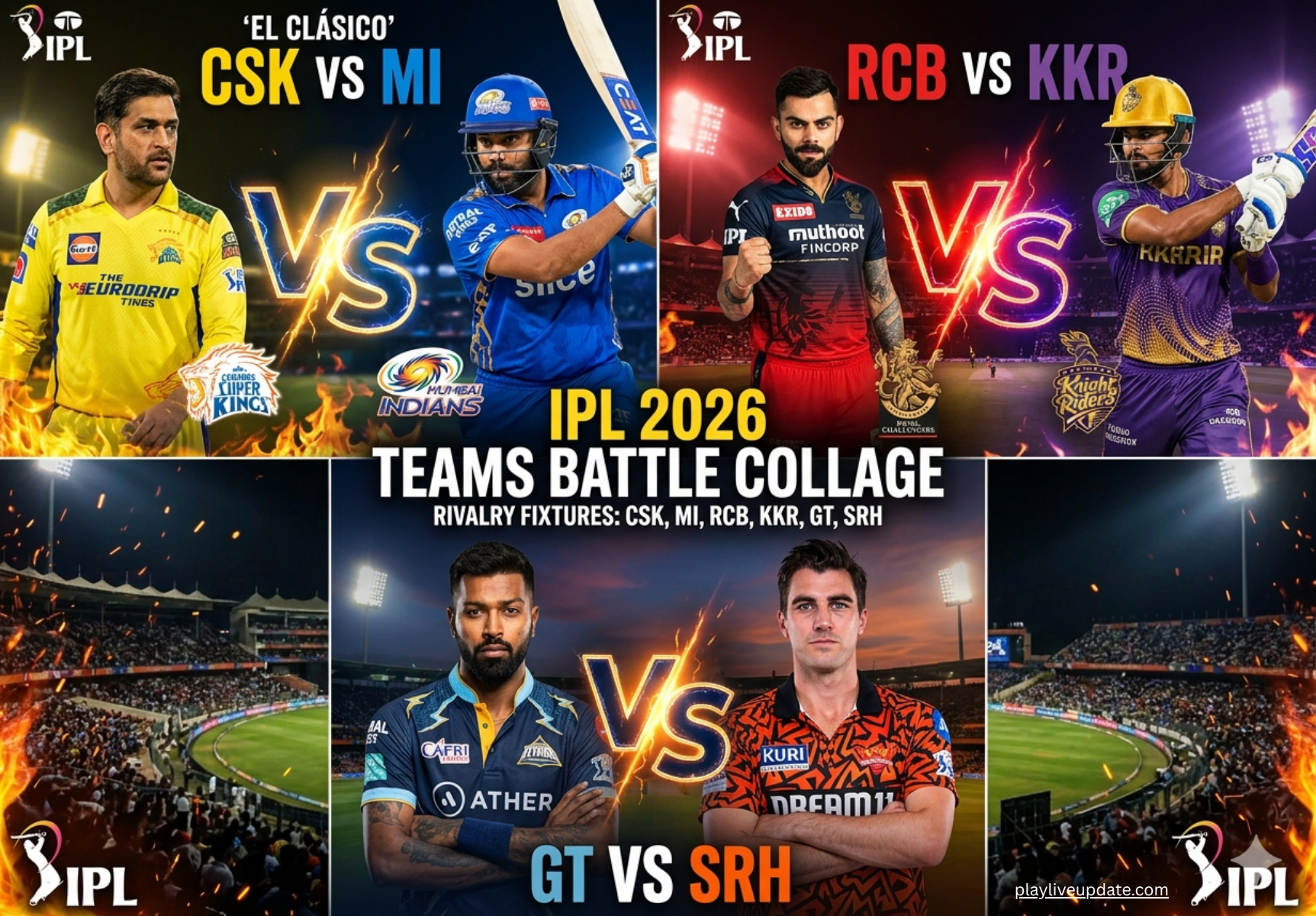 IPL 2026 teams list battle collage showing CSK, MI, RCB and KKR matchups and rivalry fixtures