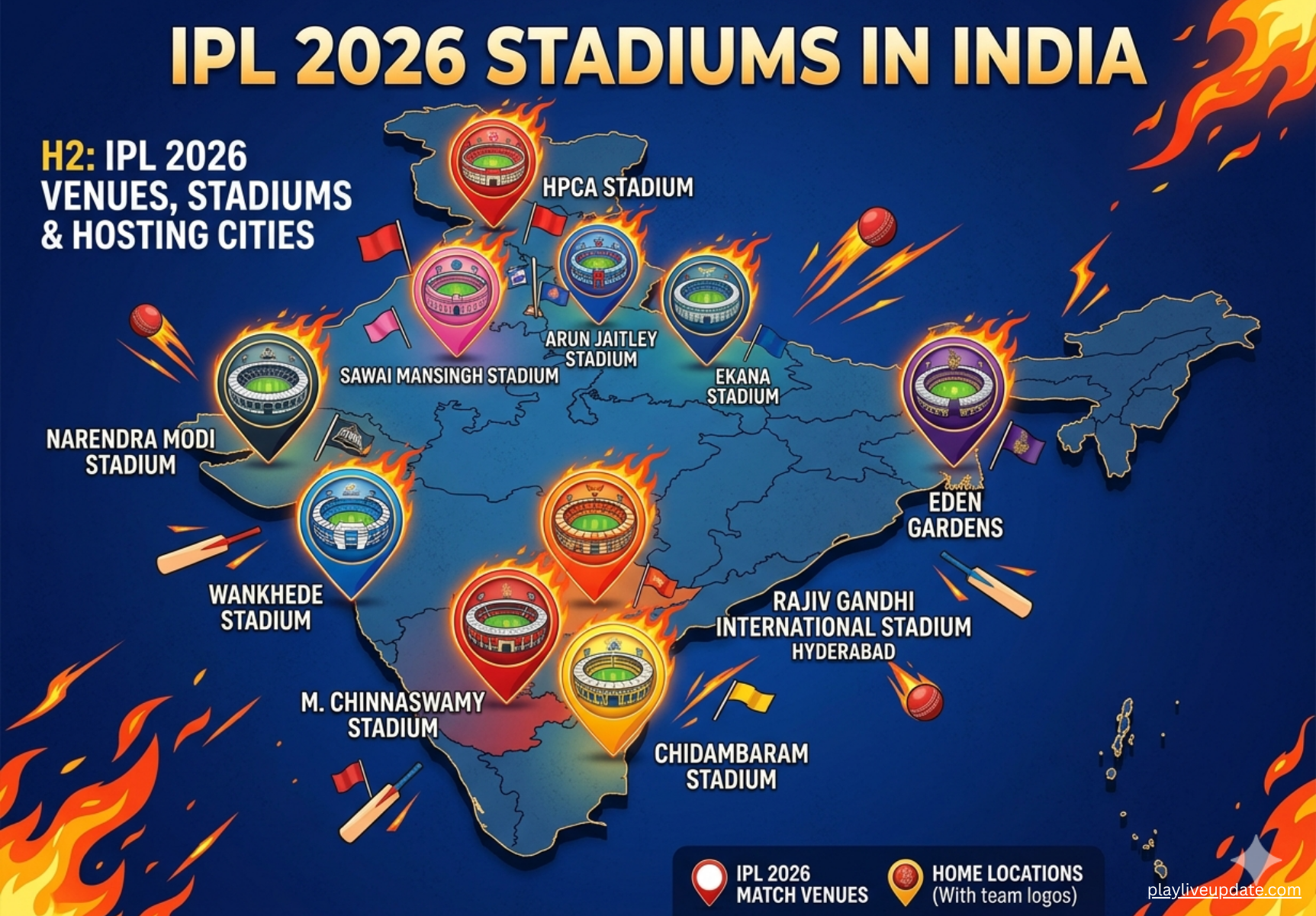 IPL 2026 stadiums in India map showing match venues, home and away cricket locations
