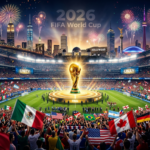 “2026 FIFA World Cup trophy glowing in stadium with USA Canada Mexico skyline and cheering global football fans under lights