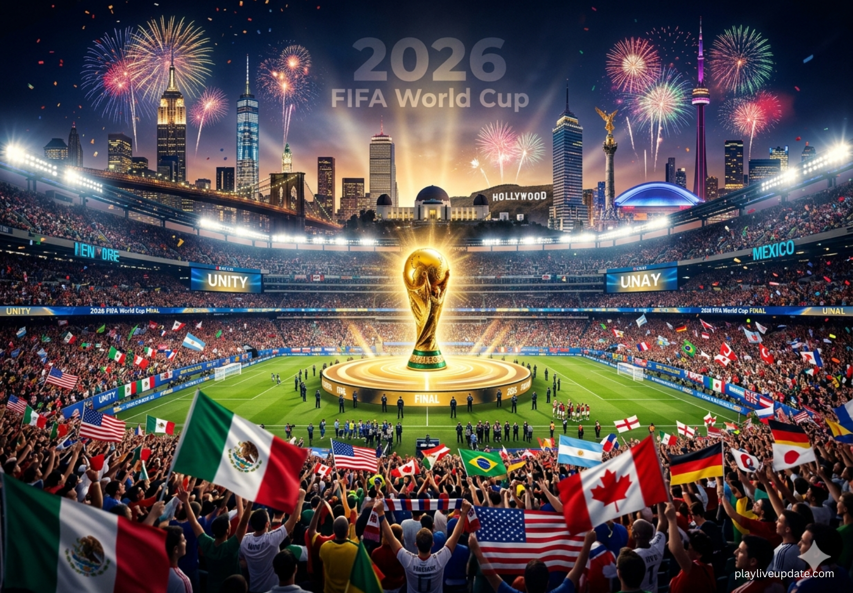 “2026 FIFA World Cup trophy glowing in stadium with USA Canada Mexico skyline and cheering global football fans under lights
