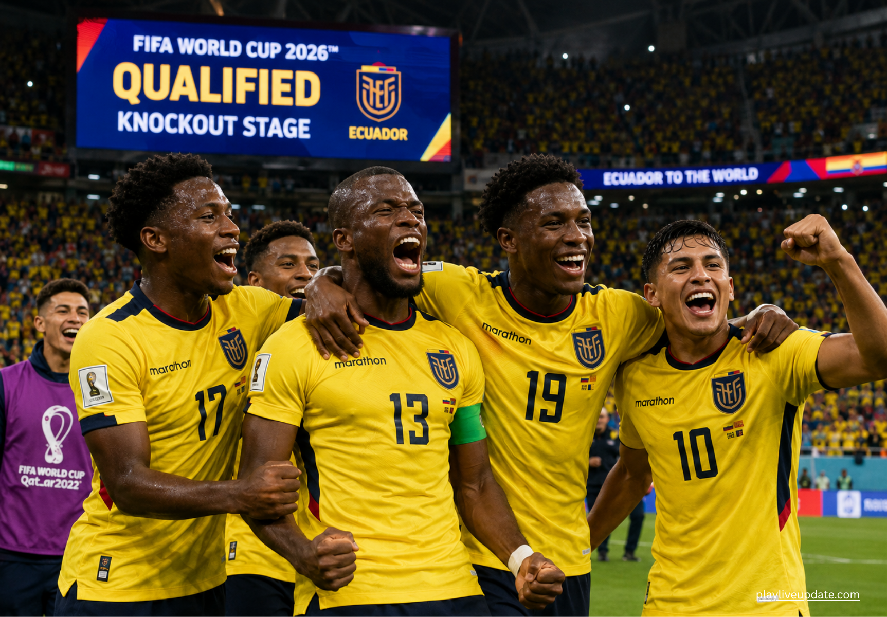 Ecuador players celebrate qualifying for the FIFA World Cup 2026 knockout stage after beating Germany.