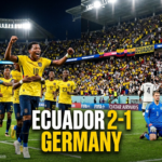 Gonzalo Plata celebrates Ecuador's 2-1 comeback victory over Germany during the FIFA World Cup 2026 group stage at MetLife Stadium.