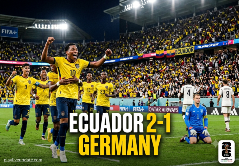 Gonzalo Plata celebrates Ecuador's 2-1 comeback victory over Germany during the FIFA World Cup 2026 group stage at MetLife Stadium.