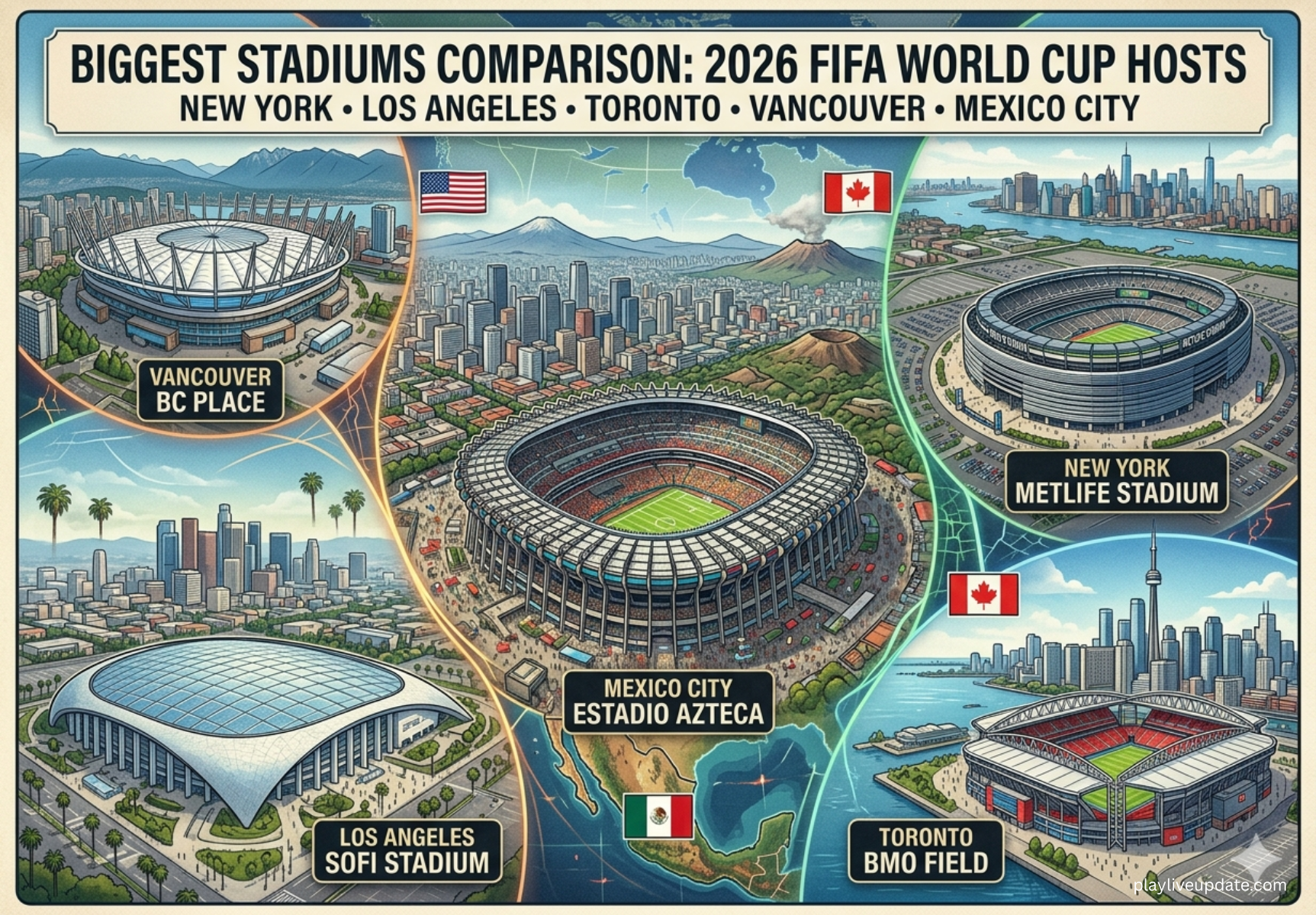 largest World Cup stadiums 2026 in New York Los Angeles Toronto Vancouver and Mexico City