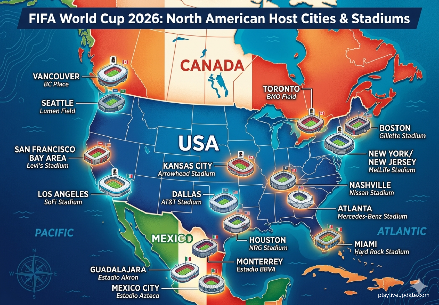 026 FIFA World Cup host cities map across United States Canada and Mexico