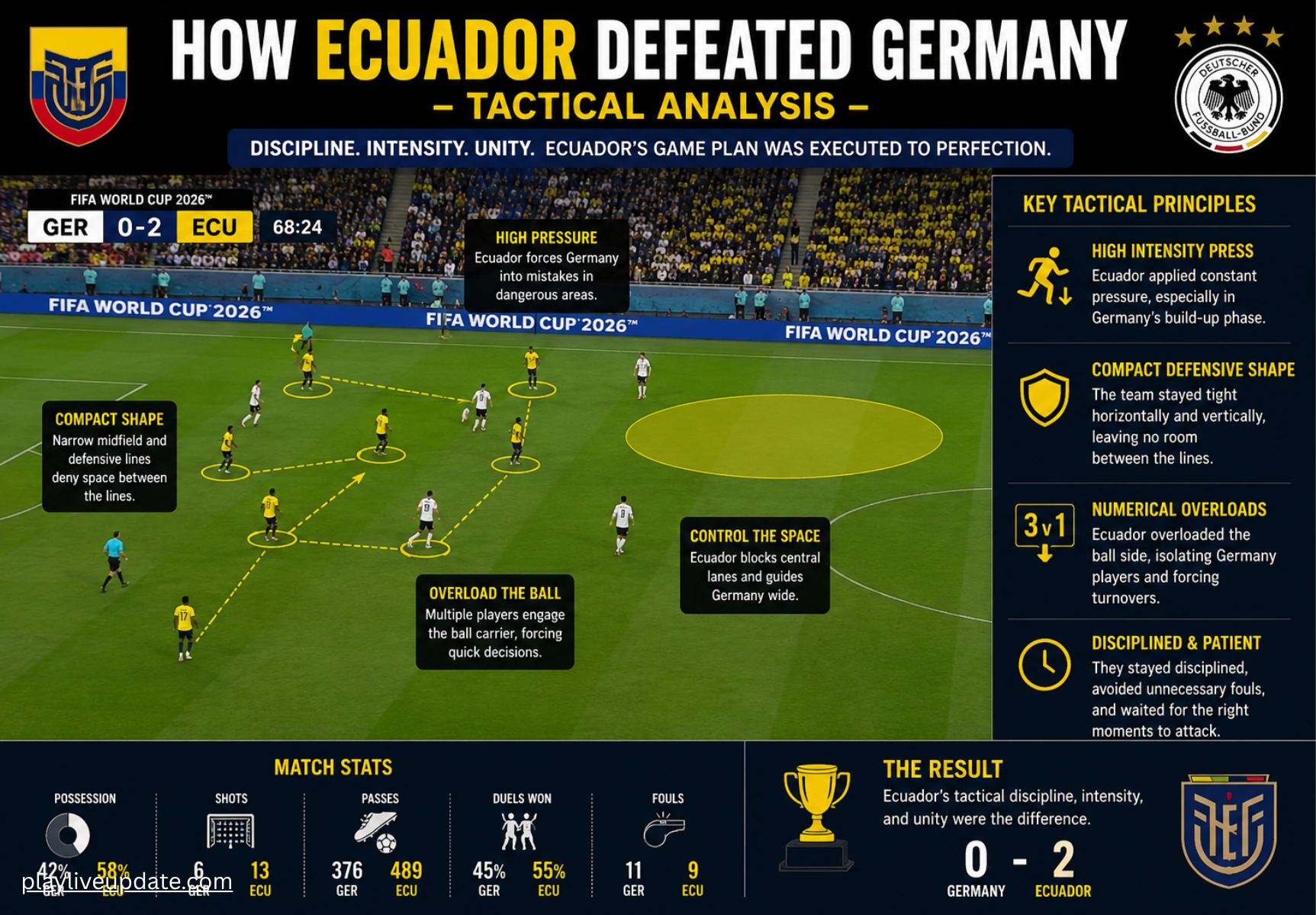 Ecuador presses Germany during their FIFA World Cup 2026 match with disciplined defensive organization.