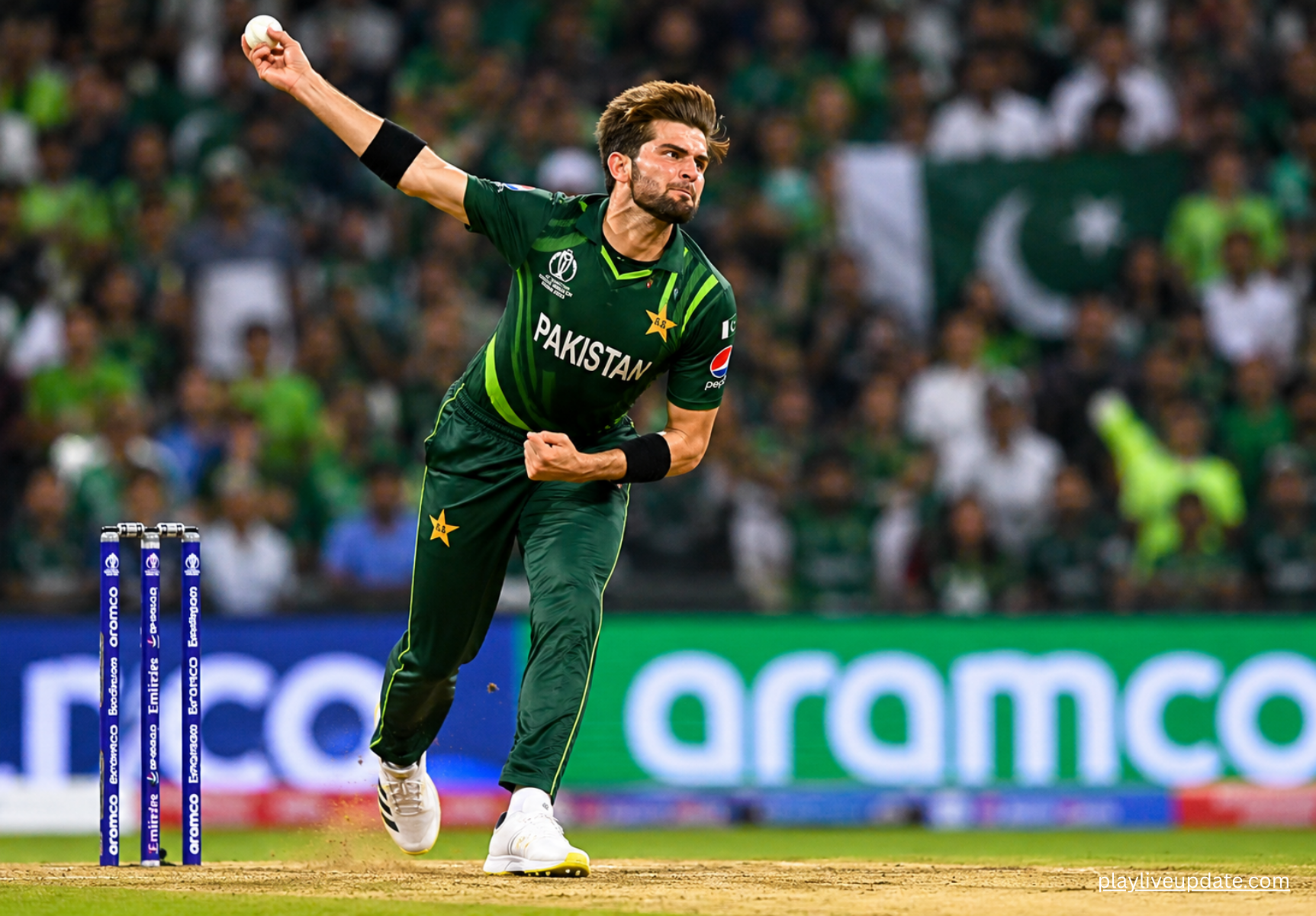 Shaheen Shah Afridi bowling for Pakistan national cricket team in international match delivering fast left-arm swing
