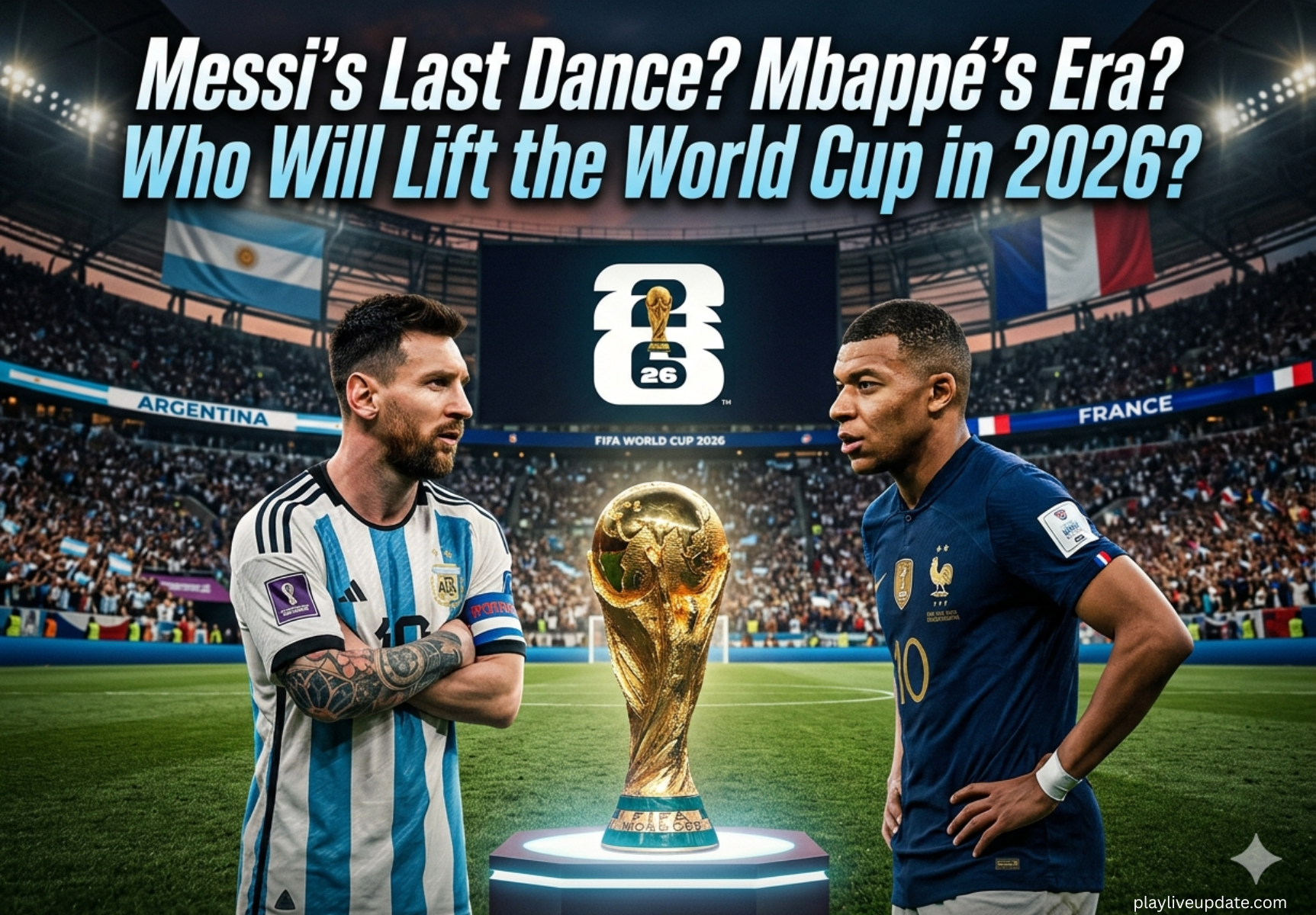 Messi Mbappe and World Cup trophy before FIFA  championship battle