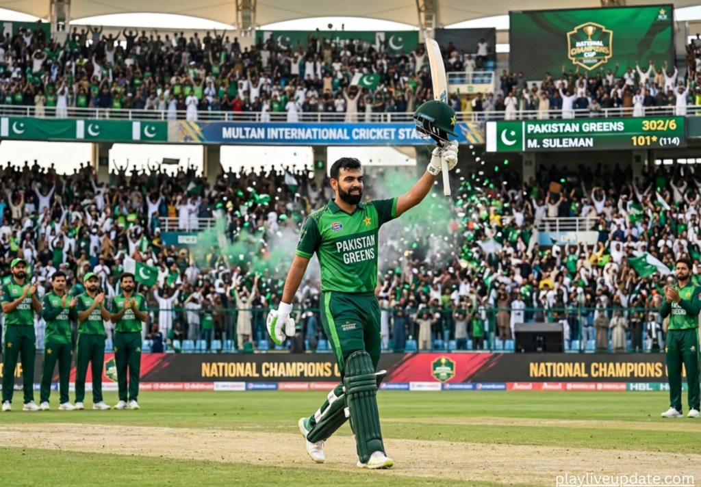 Mohammad Suleman celebrates his unbeaten 101 for Pakistan Greens